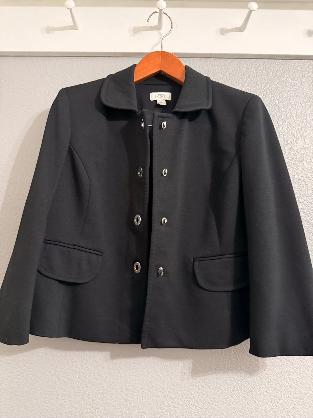 LOFT Black Knit Suit, Rounded-Collar Button-Front Blazer and Flat Front Pants - Picture 4 of 16